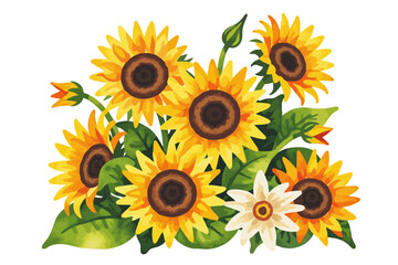 Obraz premium Watercolor Sunflower Bouquet - Bright Yellow Flowers with Green Leaves and White Accent Flower - Floral Illustration for Summer and Autumn Themes