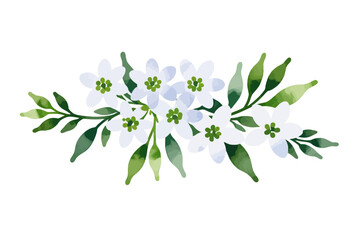 Fototapeta premium Watercolor White Flower Clipart - Delicate Floral Arrangement for Wedding Invitations - Hand Painted Botanical Illustration with Green Leaves for Spring Designs