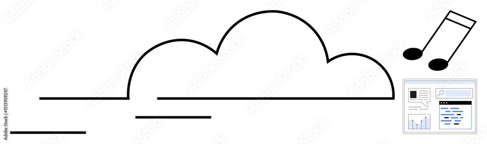 Poster cloud-shaped design with music notes and a data dashboard icon. ideal for cloud computing, music str