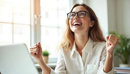 Happy female office worker celebrates success working with laptop. Cheerful businesswoman celebrates win, looking upwards, smiling. Excited young woman in eyeglasses, wearing white shirt in office