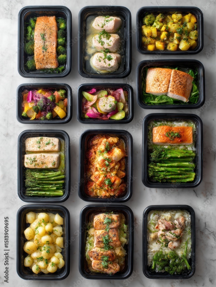 Poster clean kitchen counter displays neatly arranged frozen entrees in organized rows with vibrant colors 