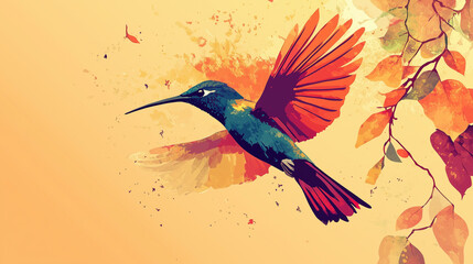 Tropical bird of paradise flower with a flying hummingbird and other wild birds on a branch, vector illustration