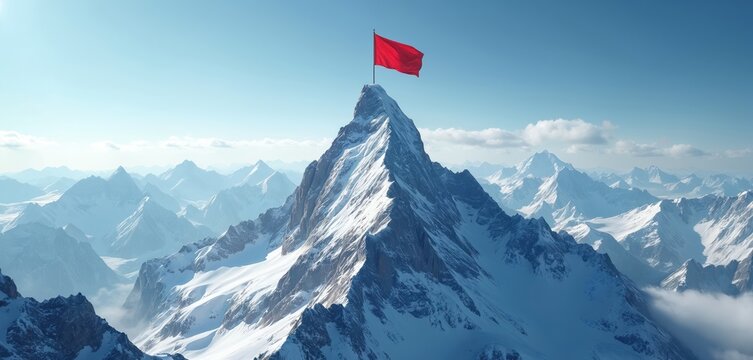 Abstract mountain peak with red flag. Symbol of success, achievement. Snow-covered mountains in clear sunny day. Blue sky, bright colors. Concept of reaching goals, leadership, motivation. Excellent