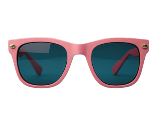 A pair of pink sunglasses with blue lenses