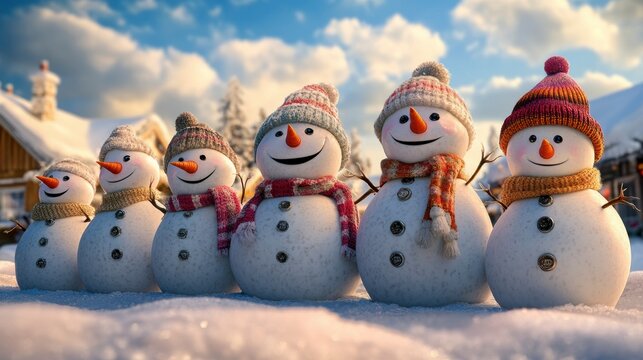 Happy snowman family in winter wonderland.