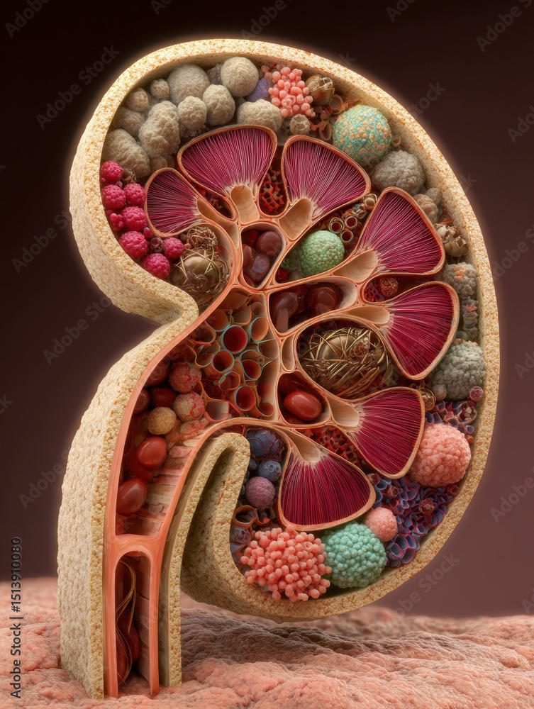Poster Detailed Cross-Section of Nephron Structure Showcasing Cellular Components and Functions in Clear Left Zone