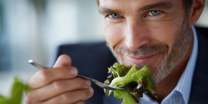 A man with a beard smiles while enjoying a fresh green salad with a fork.