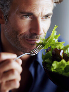A man as he joyfully raises a fork filled with fresh greens towards his mouth