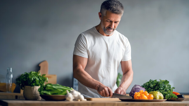 A man prepares fresh ingredients in a minimalist kitchen, showcasing a blend of healthy lifestyle and culinary art, surrounded by vibrant vegetables.