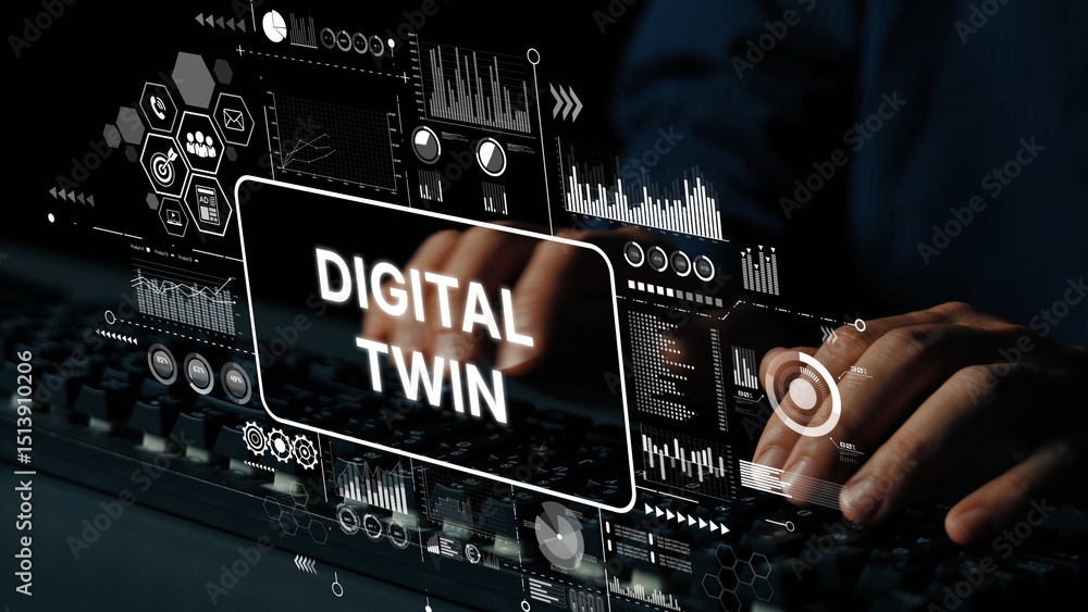 Poster hands typing on keyboard with digital twin concept in futuristic data environment. asymptotic smart 