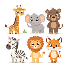 Obraz premium Cute Wild Animals in Standing position Vector Illustration. Animals include a giraffe, elephant, tiger, bear, hippo, monkey, lion, deer, zebra, and fox. See Less By JungleOutThere