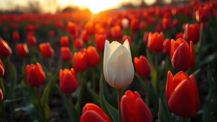 Fototapeta premium white tulips grow in a red tulip field