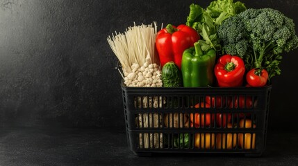 A black basket filled with fresh vegetables and noodles sits against a dark background.