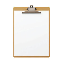 A blank clipboard with a metallic clip. The clipboard has a wooden frame with a pristine white sheet of paper