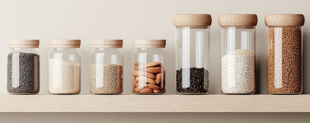 Glass jars with wooden lids hold various grains, seeds, and nuts neatly arranged on a wooden shelf against a neutral background.