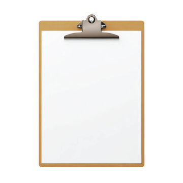 A blank clipboard with a metallic clip. The clipboard has a wooden frame with a pristine white sheet of paper