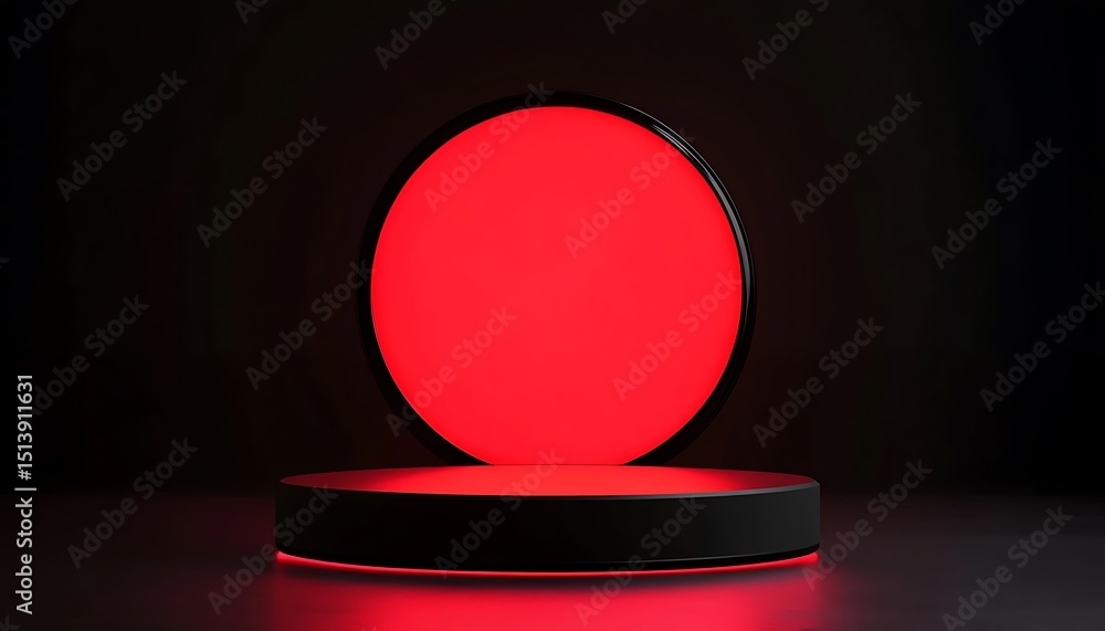 Poster round podium illuminated with red light on dark background. 3d rendering
