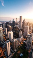 Obraz premium Sunrise bathes a majestic cityscape, where modern skyscrapers pierce a soft blue and golden sky.