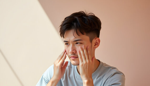 Young man touching face with concern in a softly lit room, concept of Seasonal allergies  