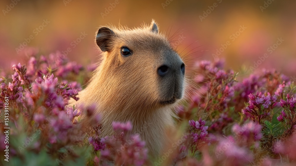 Poster a capybara curiously looks around in a colorful flower field filled with blooming plants during gold