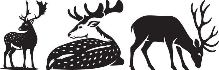 Various deer silhouettes animal group, Forest wildlife species black design