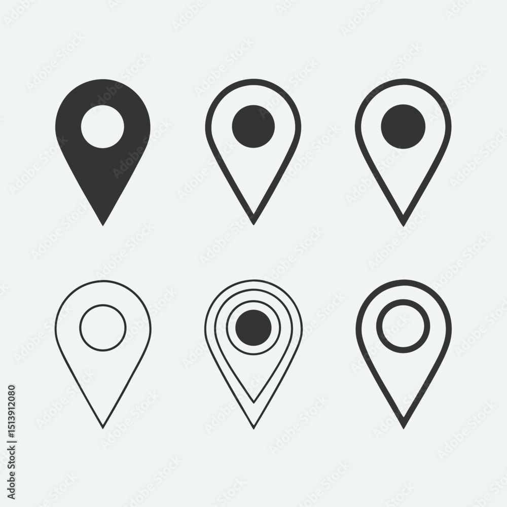 Poster navigation marker icon set in flat and bold styles.