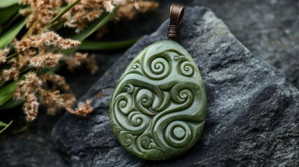 Intricate swirls carved into a teardrop-shaped jade pendant, resting on dark stones.