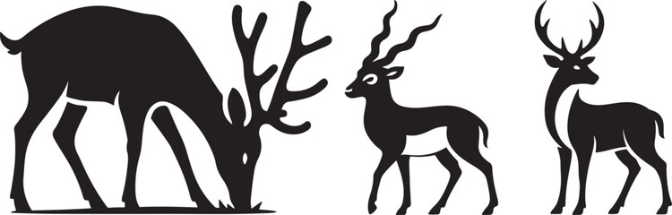 Three deer species in silhouette design, Wildlife deer trio black and white