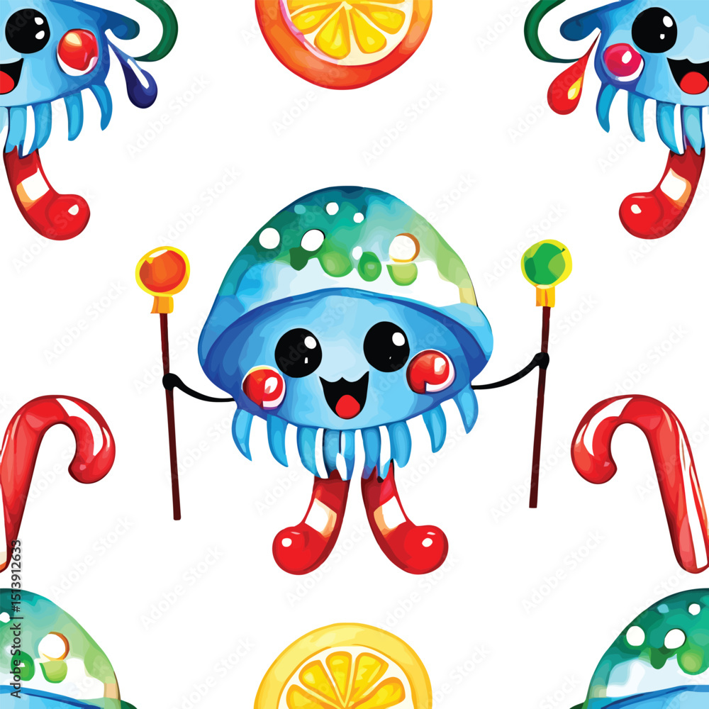 Poster playful underwater vector pattern seamless design featuring whimsical jellyfish characters candy can