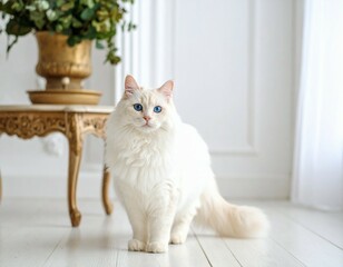 A fluffy white ragdoll cat with blue eyes standing near a table and plant in a bright room setting