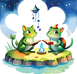 Fototapeta premium Adorable Frogs Reading By Firelight Watercolor Illustration For Childrens Books Educational Materials Storytelling And Whimsical Designs Depicting Friendship And Learning