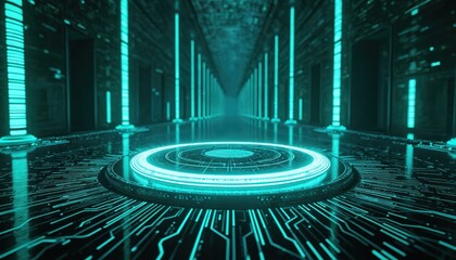 Futuristic digital tech background with glowing neon lights, data circuits. Modern AI concept for innovative high-tech design, suitable tech operations, data encryption, digital archiving, scientific