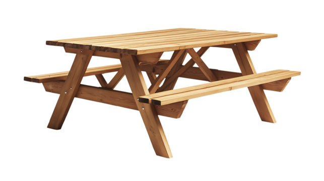 Traditional wooden picnic table isolated on transparent background