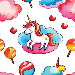 Cute Unicorn Seamless Pattern Vector Whimsical Design For Textile Prints Wallpaper Kids Fashion And Party Decor Featuring Lollipops Hearts And Dreamy Clouds On White Background