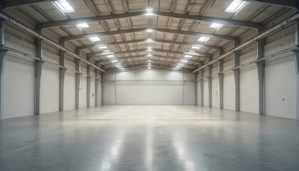 Large industrial warehouse interior with bright lights. Spacious white walls, concrete floor, metal roof structure create sense of big space. Empty storage room, commercial real estate background for