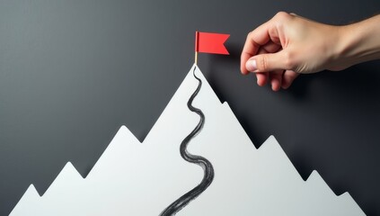 Business goal and success concept. Businessman Plant the flag and mountain on chalkboard.