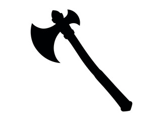 Silhouette of a medieval double-headed axe, clean, bold silhouette of a medieval axe against a pure white background, axe, double-headed axe, medieval axe, historical, fantasy, weapon, silhouette, bla