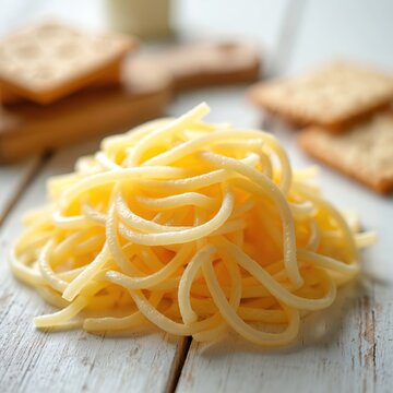 Traditional Slovakian korbacik cheese. Close-up shot of braided string cheese. Dairy product with salty taste. Gourmet snack, perfect food for lunch, cooking recipe ingredient.