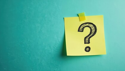 Sticky note with black question mark. Yellow post-it on blue background question, confusion, problem, idea. Conceptual image for business, communication, support, ask. Uncertainty, help, thinking,