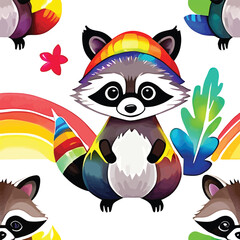 Naklejka premium Playful Raccoon Vector Seamless Pattern Vibrant Colors Cute Animal Design For Kids Apparel Nursery Decor And Whimsical Themed Projects