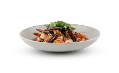 Crispy Prawn in Tamarind Glaze Sprinkle with dried chili isolated on the white background with clipping path, Fried Prawn with Tamarind Sauce, Thai food.