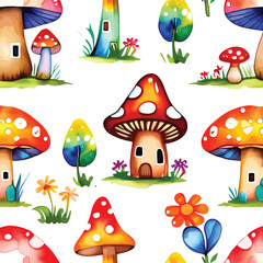 Whimsical Watercolor Mushroom Village Seamless Pattern For Childrens Decor And Textile Designs Featuring Bright Colorful Mushroom Houses And Vibrant Flora On A Clean White Background