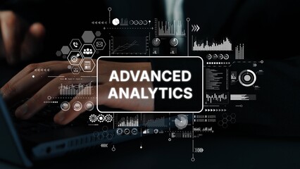 Advanced Analytics Concept Depicted Through Graphs and Data Visualizations with Businessman...