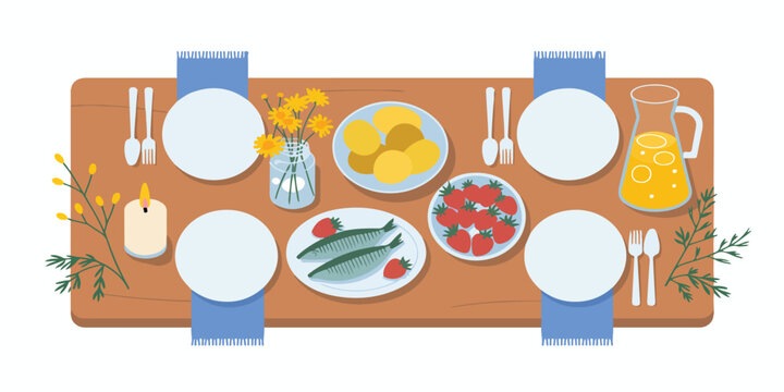 Outdoor Midsummer Feast Table with Traditional Nordic Food, Candles, and Wildflower Arrangements – Garden Celebration Scene vector illustration