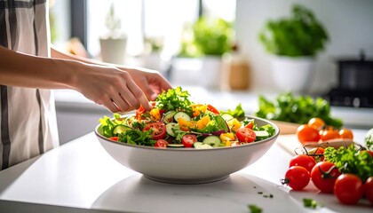 Hands prepare a vibrant salad in a bright kitchen, highlighting fresh, healthy eating and lifestyle.