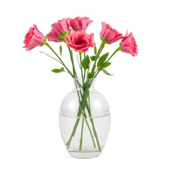 Beautiful Pink Roses in Elegant Glass Vase with Fresh Water on White Background for Floral Decor