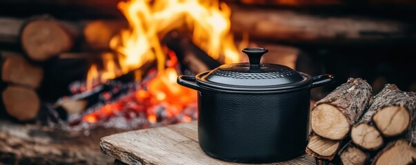 A black cast iron pot sits on a wooden surface near a campfire with stacked logs in the background.