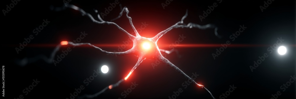 Poster neuron cell firing synapse - microscopic view of a neuron cell firing, with glowing red synapses, in
