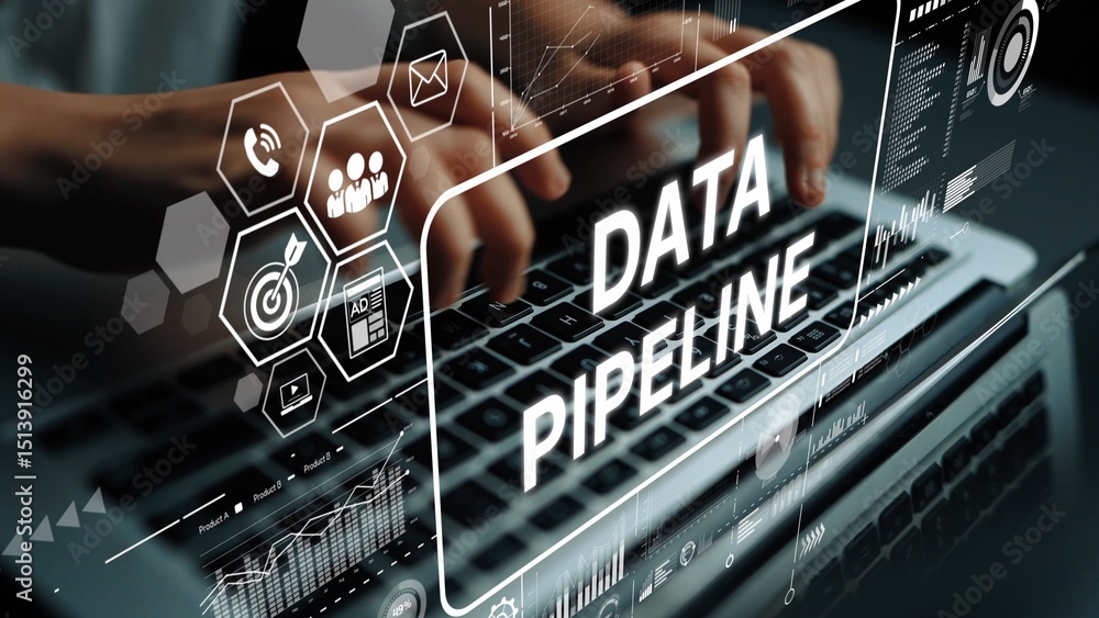 Poster digital transformation in action: hands typing on a laptop with data pipeline graphics and analytics