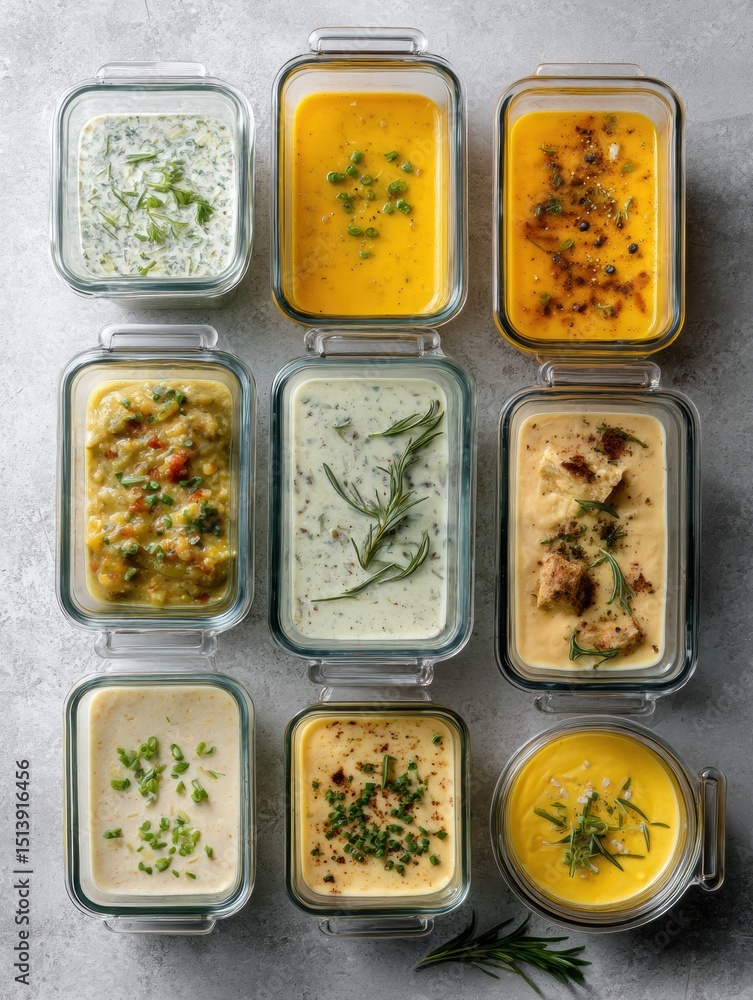 Poster Frozen Soups Arranged in Glass Containers Showcase Various Flavors With a Clean Layout and Clear Space Surrounding Them